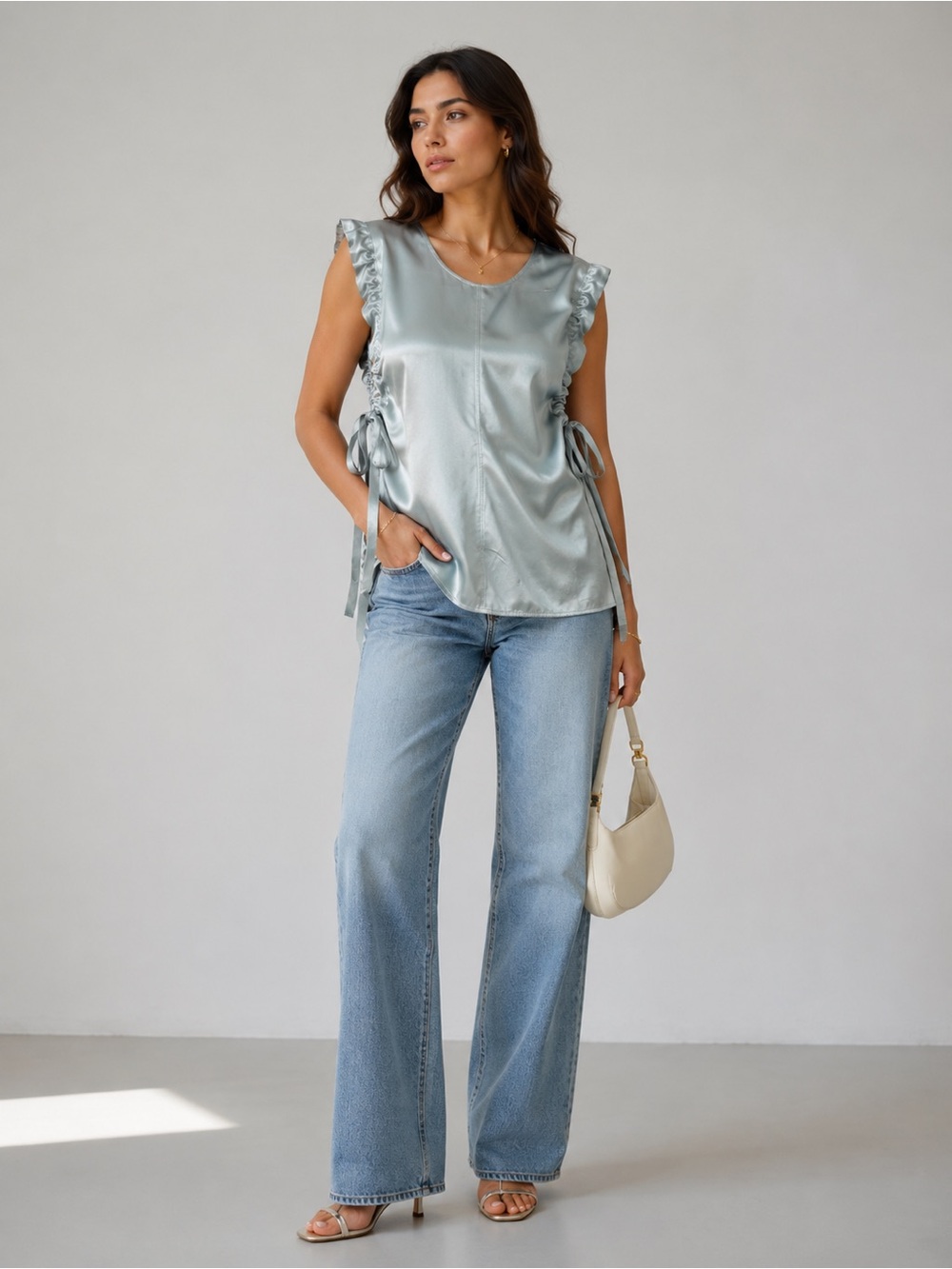 Helmut Lang Ruched Silk Satin top sz M metallic silver